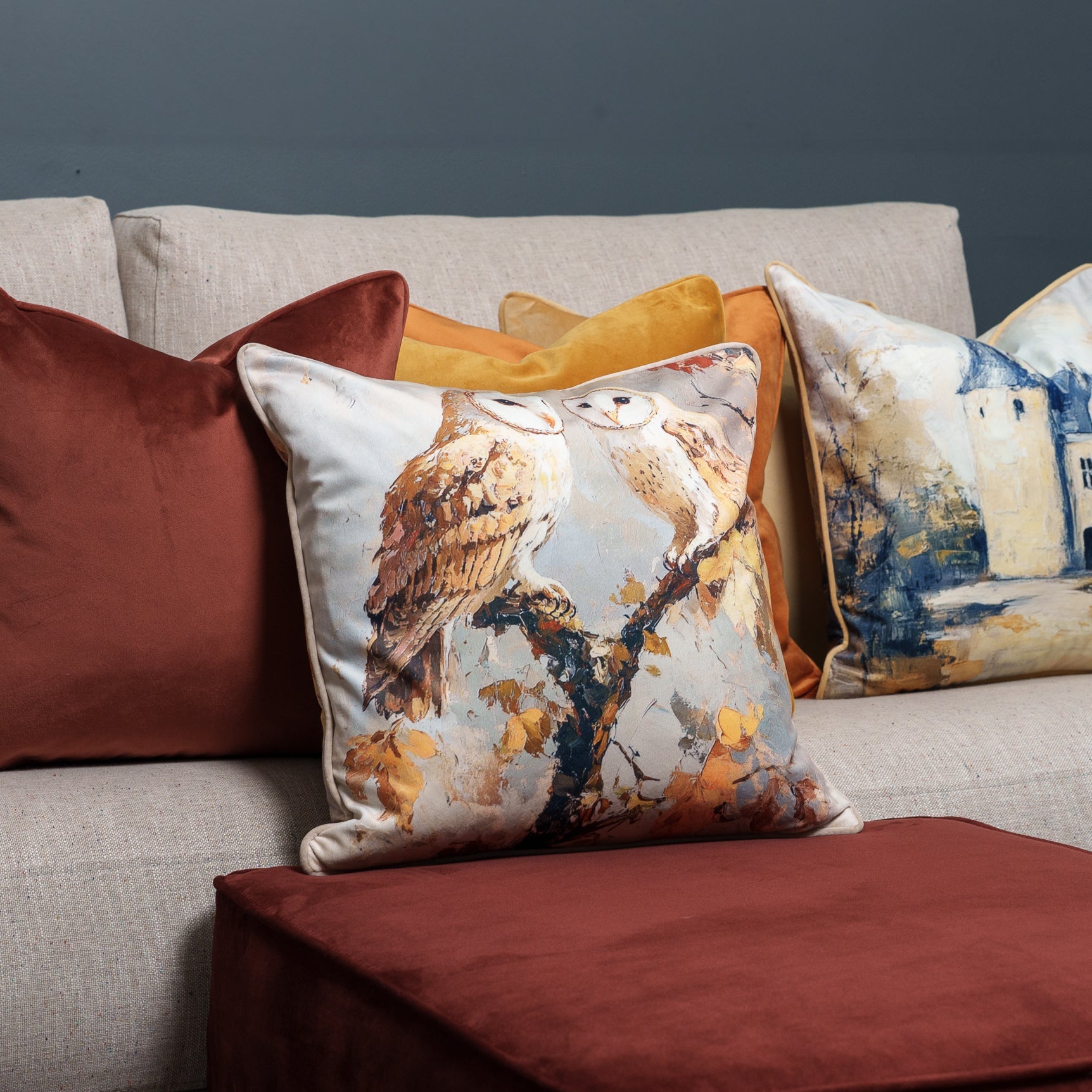 Cushion F+H Velvet Rustic Owl Pair