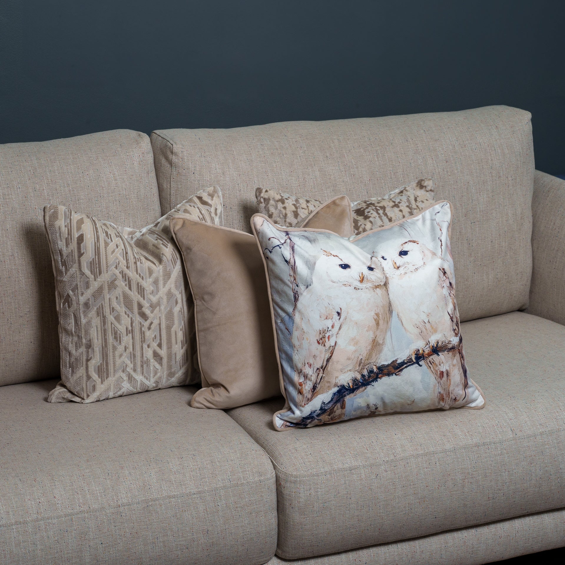 Cushion F+H Velvet Rustic Snow Owls Available Early Oct