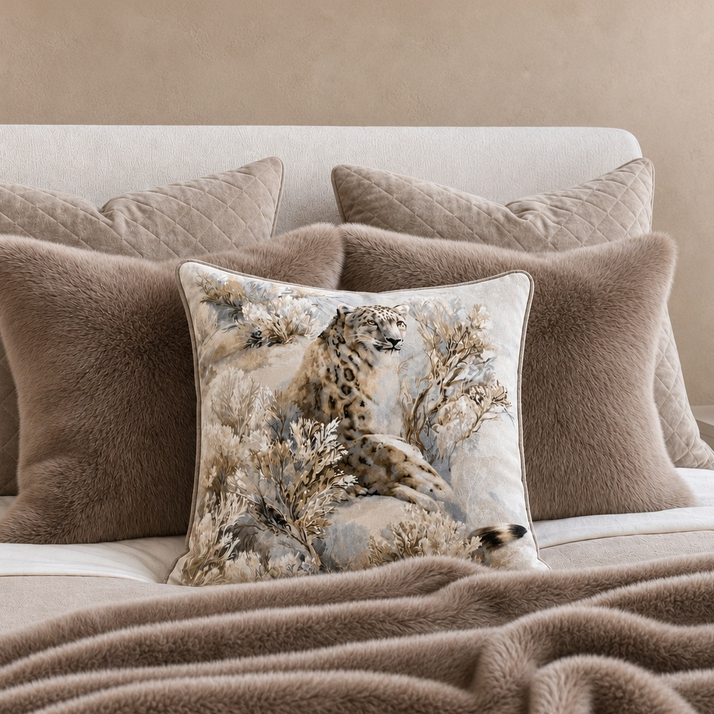 Cushion F+H Velvet Snow Leopard Available Early Oct