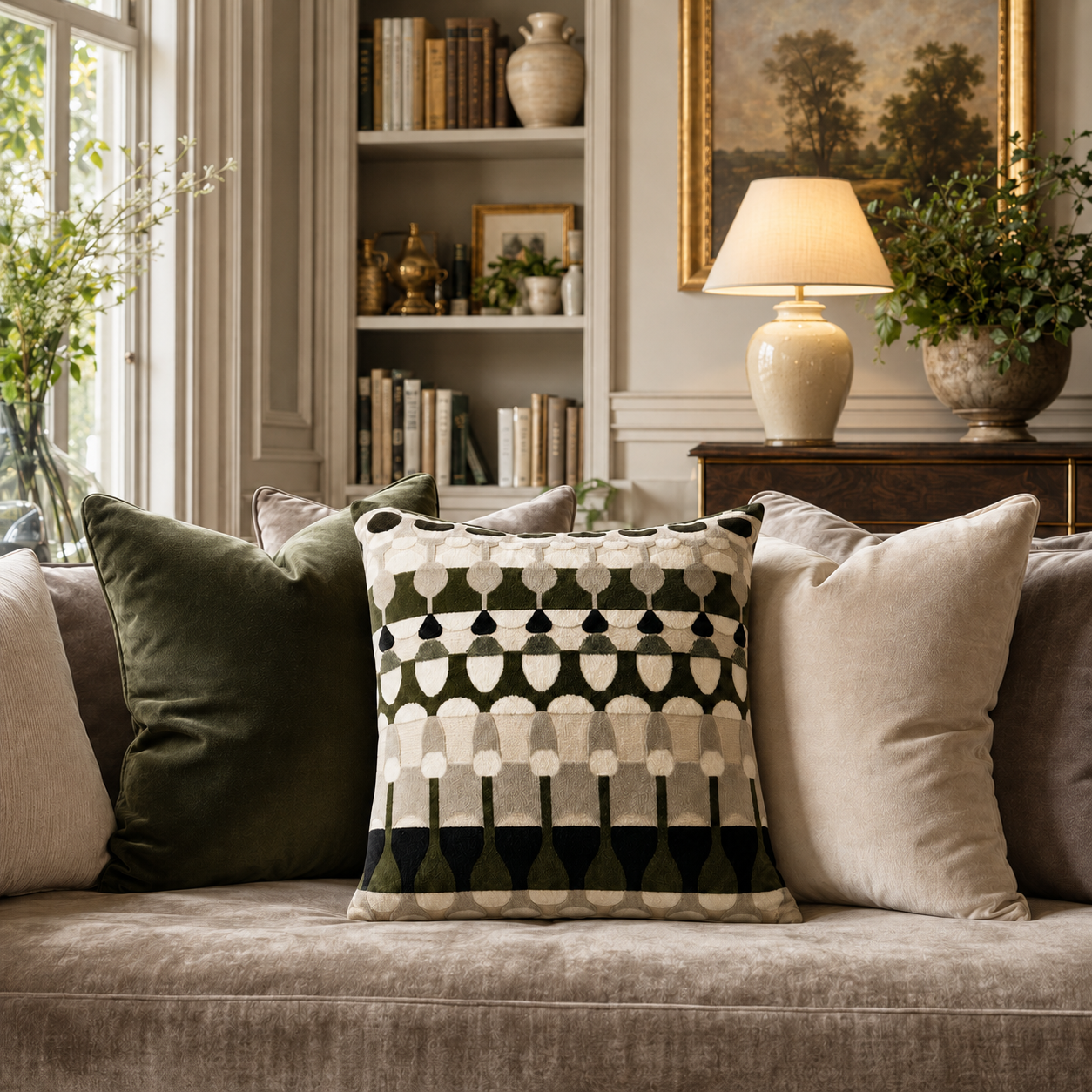 Cushion F+H Geo Ninepins Evergreen Multi Available Early Oct
