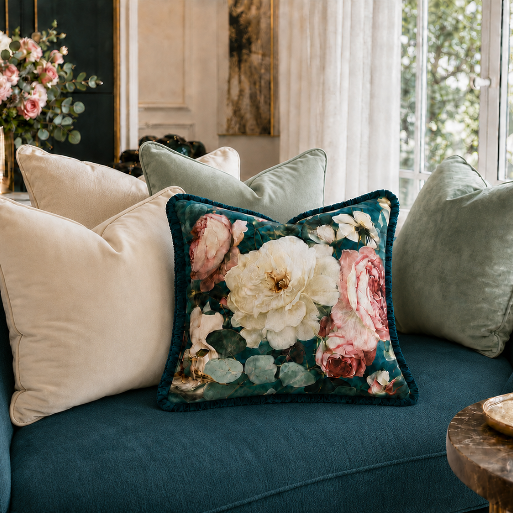 Cushion F+H Velvet Heritage Roses Ivory Available Early Oct