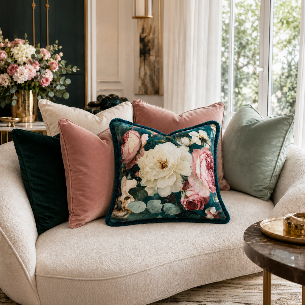 Cushion F+H Velvet Heritage Roses Ivory Available Early Oct