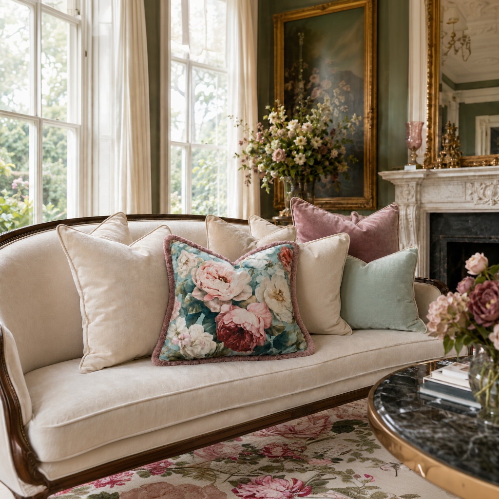 Cushion F+H Velvet Heritage Roses Sage Available Early Oct