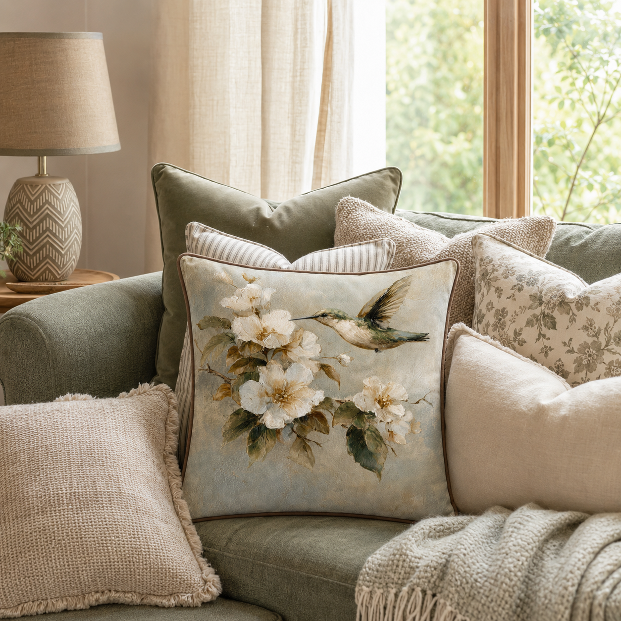 Cushion F+H Velvet Hummingbird Melody - Beige Available Early Oct