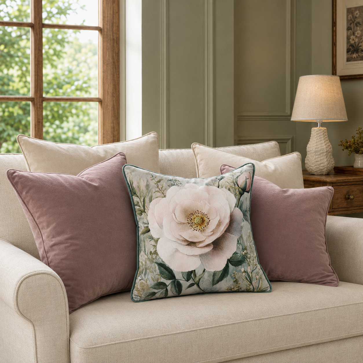 Cushion F+H Velvet  Vintage Floral Sage