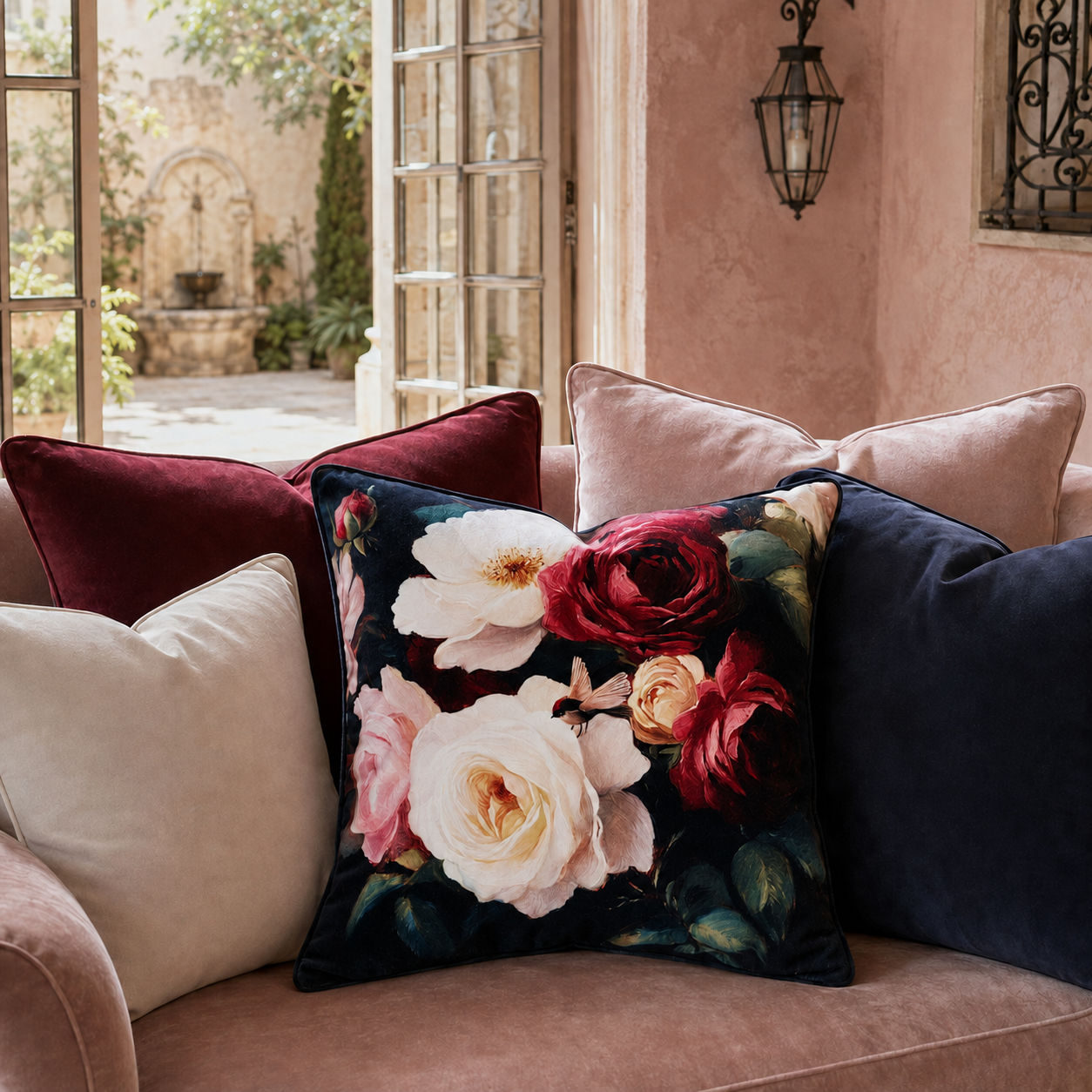 Cushion F+H Velvet Night Bloom Blush Multi Available Early Oct