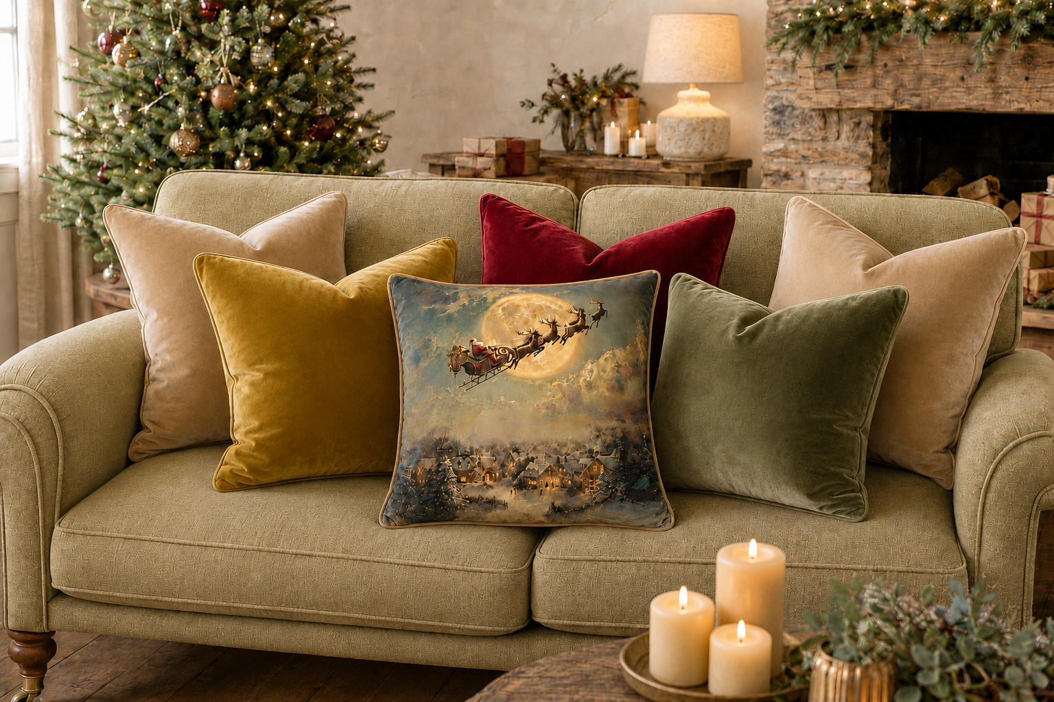 Cushion F+H Velvet Christmas Santa Sleigh Ride Available Early Oct