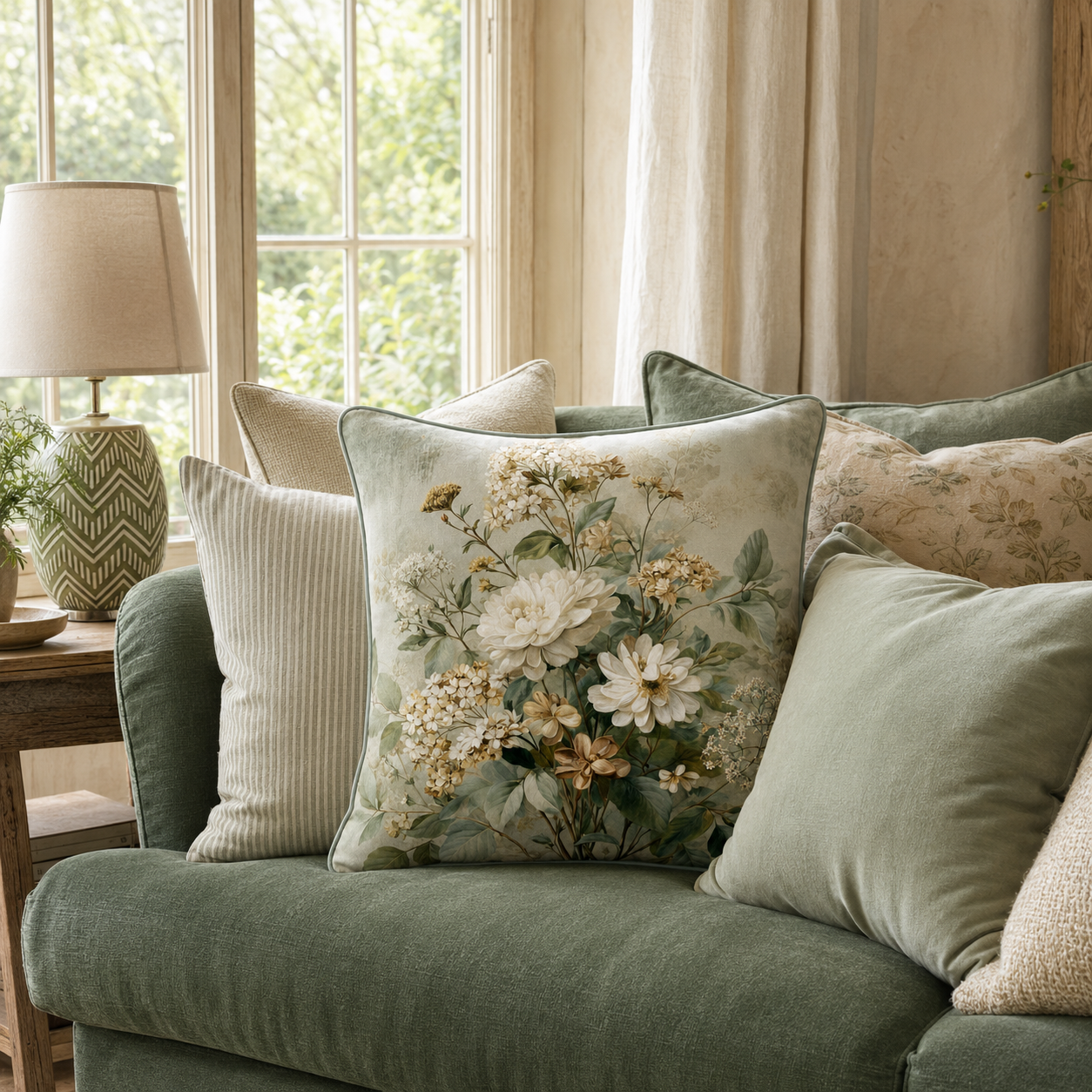 Cushion F+H Velvet Wildflowers Sage Available Early Oct
