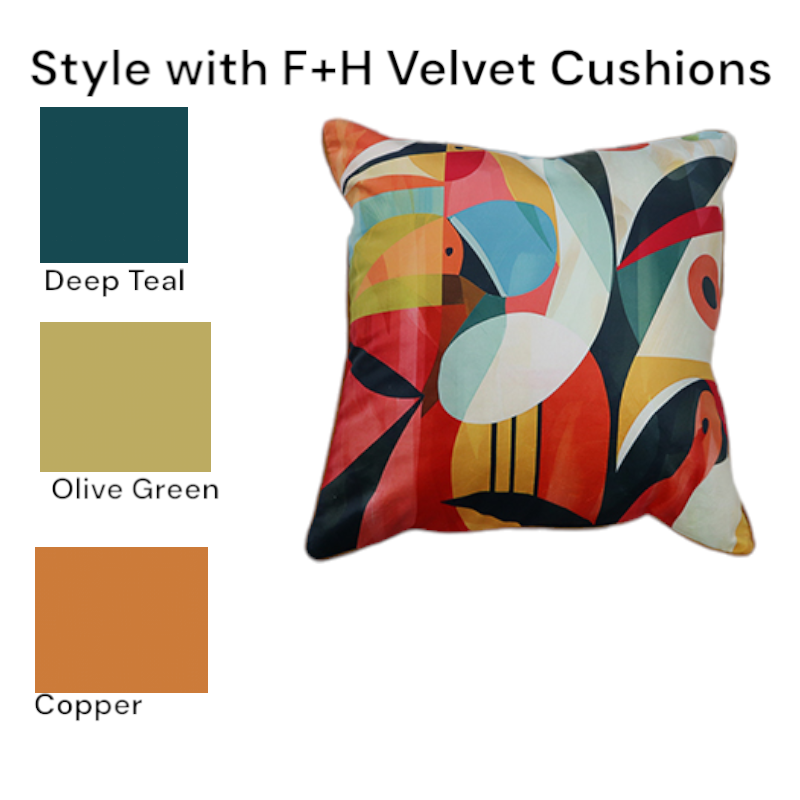 Cushion F+H Velvet Polly Parrot Trio Available Early Oct