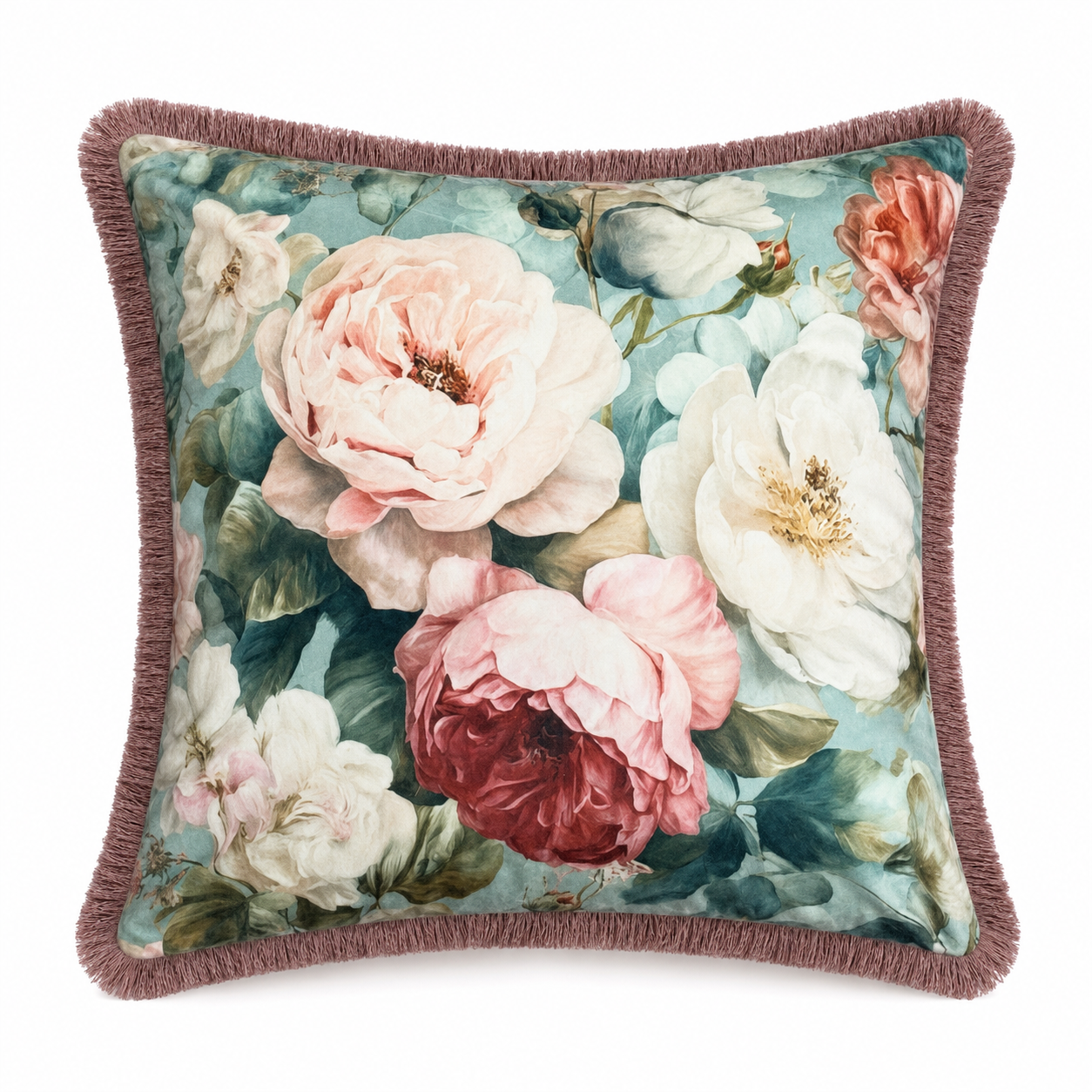 Cushion F+H Velvet Heritage Roses Sage Available Early Oct