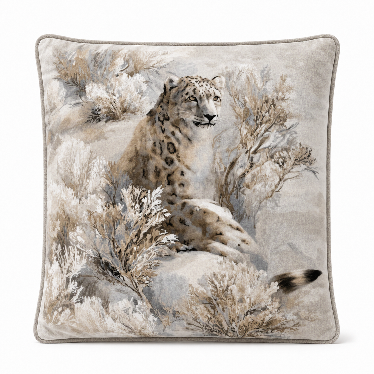 Cushion F+H Velvet Snow Leopard Available Early Oct