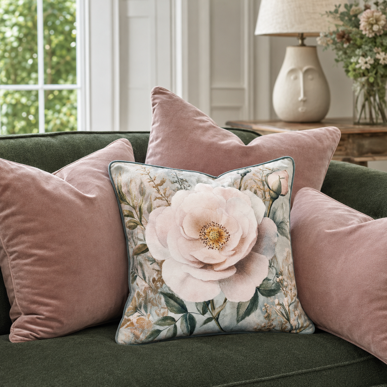 Cushion F+H Velvet  Vintage Floral Sage
