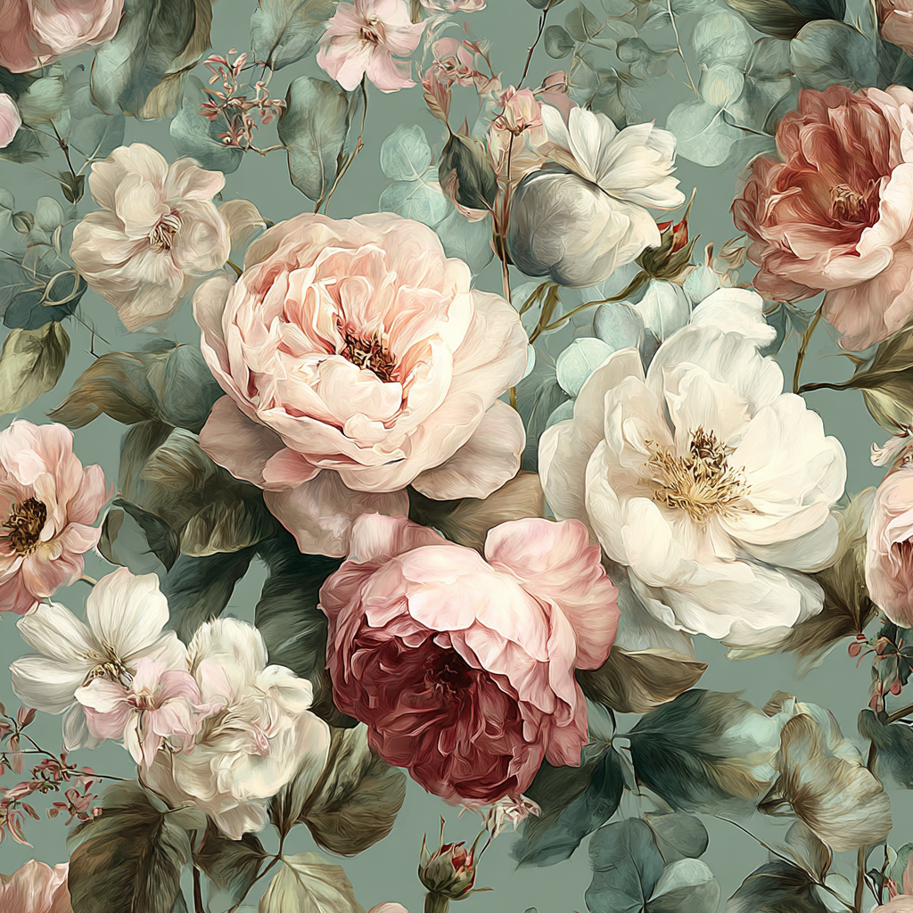 Cushion F+H Velvet Heritage Roses Sage Available Early Oct