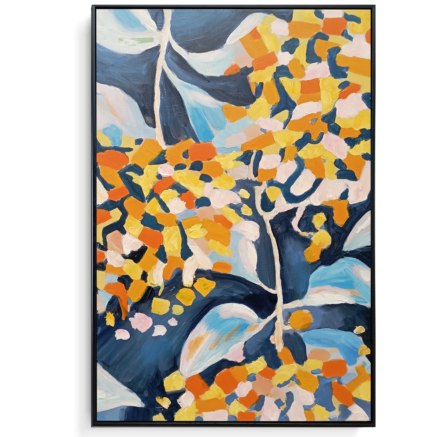 Framed Oil Painting - Floral Yellow And Blue - Fervor + Hue